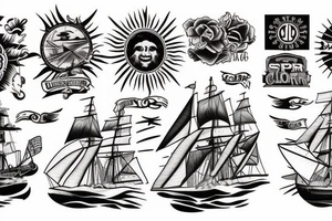 Clipper Ship with sun behind and sun rays tattoo idea