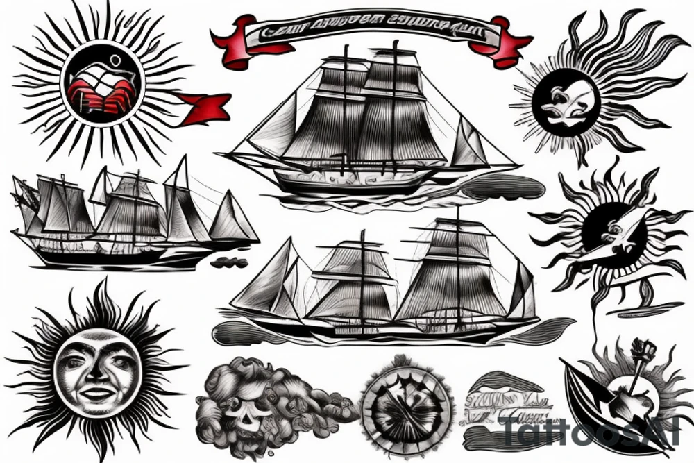 Clipper Ship with sun behind and sun rays tattoo idea