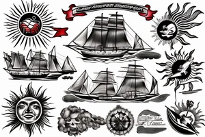 Clipper Ship with sun behind and sun rays tattoo idea