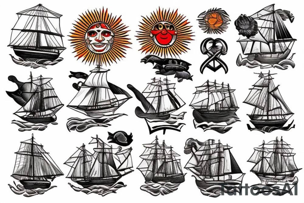 Clipper Ship, sun in background tattoo idea