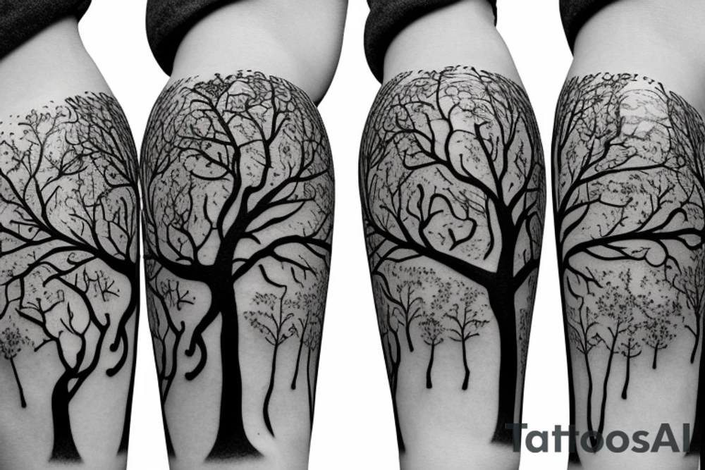 Tree of life depicted as an angle oak with crows flying off the top and the roots shown growing underground tattoo idea