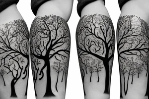 Tree of life depicted as an angle oak with crows flying off the top and the roots shown growing underground tattoo idea