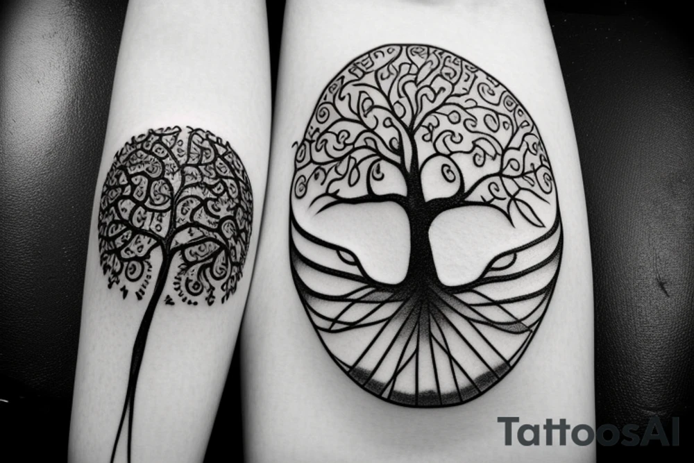 Tree of life depicted as an angle oak with crows flying off the top and the roots shown growing underground tattoo idea