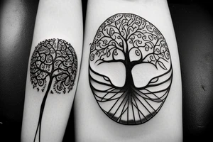 Tree of life depicted as an angle oak with crows flying off the top and the roots shown growing underground tattoo idea