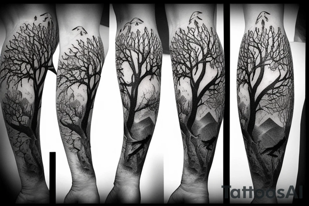 Realistic Tree of life depicted as an angle oak with crows flying off the top and the roots shown growing underground tattoo idea