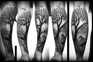 Realistic Tree of life depicted as an angle oak with crows flying off the top and the roots shown growing underground tattoo idea