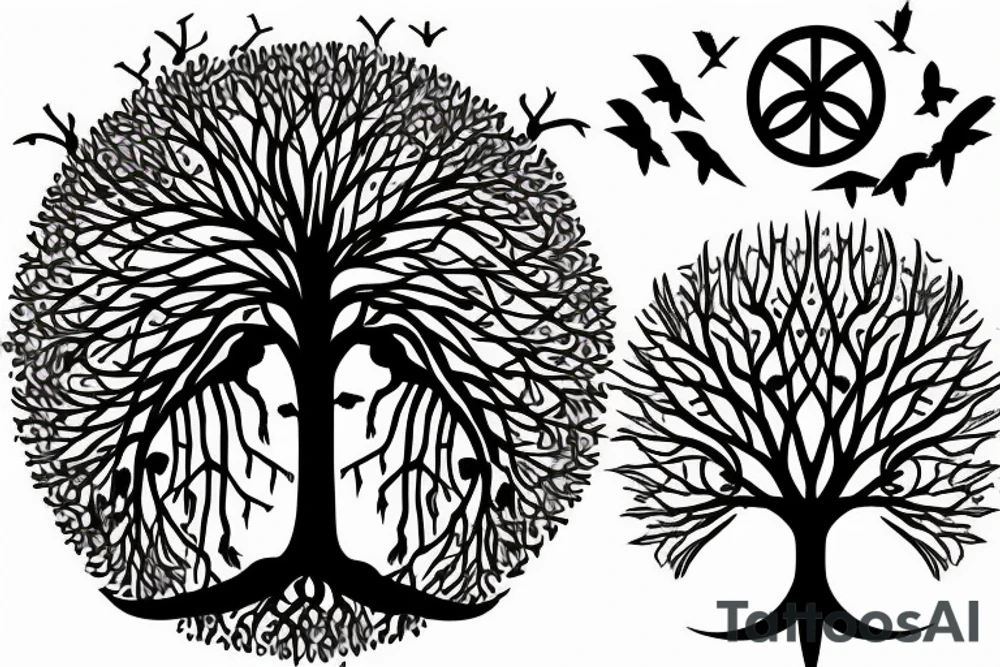 Realistic Tree of life depicted as an angle oak with crows flying off the top and the roots shown growing underground tattoo idea