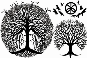 Realistic Tree of life depicted as an angle oak with crows flying off the top and the roots shown growing underground tattoo idea