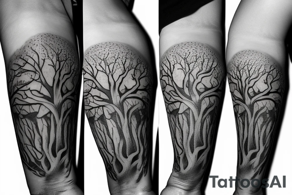 Realistic Tree of life depicted as an angle oak with 
the roots shown growing underground tattoo idea