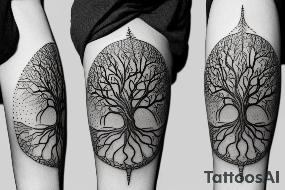 Realistic Tree of life depicted as an angle oak with
the roots shown growing underground tattoo idea