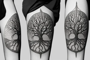 Realistic Tree of life depicted as an angle oak with 
the roots shown growing underground tattoo idea