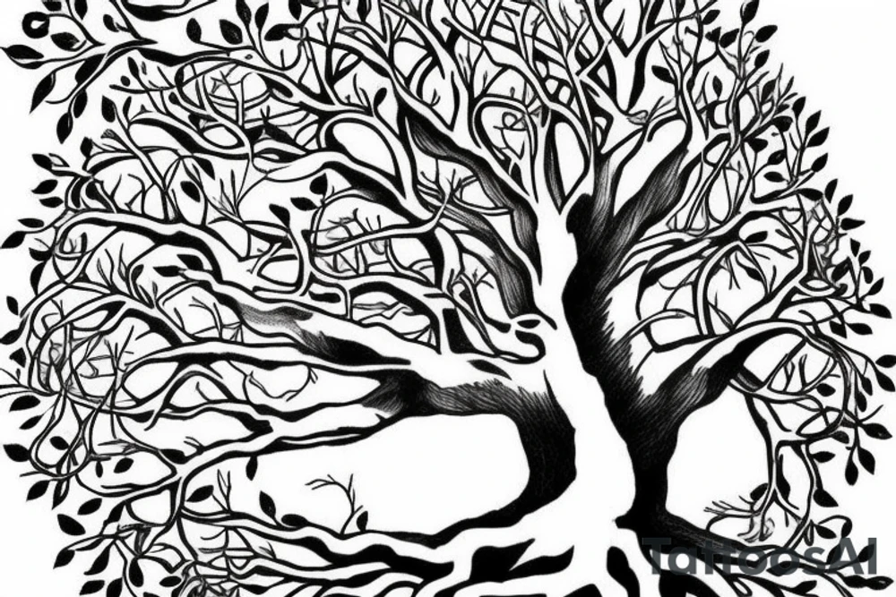 Realistic angle oak Tree of life depicted with
the roots shown growing underground tattoo idea