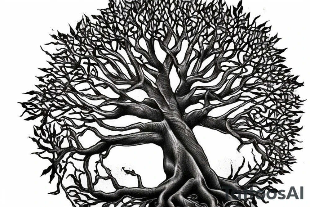 Realism angle oak Tree of life depicted with 
the roots shown growing underground tattoo idea