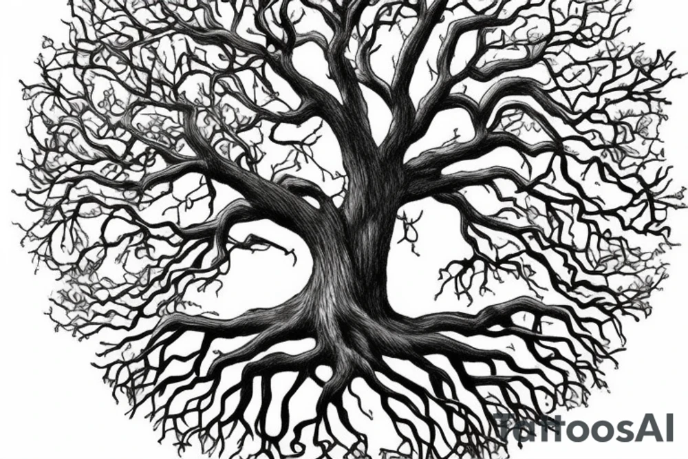 Realism angle oak Tree of life depicted with
the roots shown growing underground tattoo idea