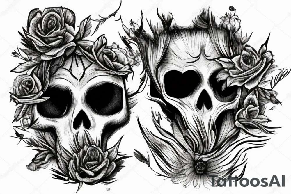 Fox skull shown decaying in a field of grass with flower growing through the eye tattoo idea