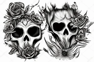 Fox skull shown decaying in a field of grass with flower growing through the eye tattoo idea