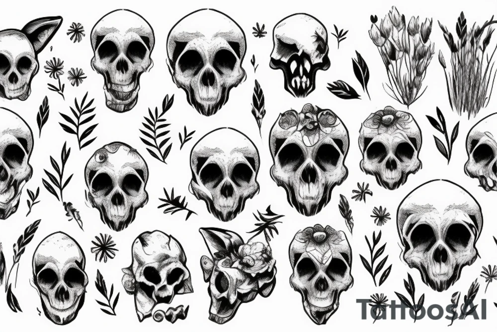 Fox skull shown decaying in a field of grass with flower growing through the eye tattoo idea