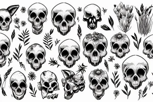 Fox skull shown decaying in a field of grass with flower growing through the eye tattoo idea
