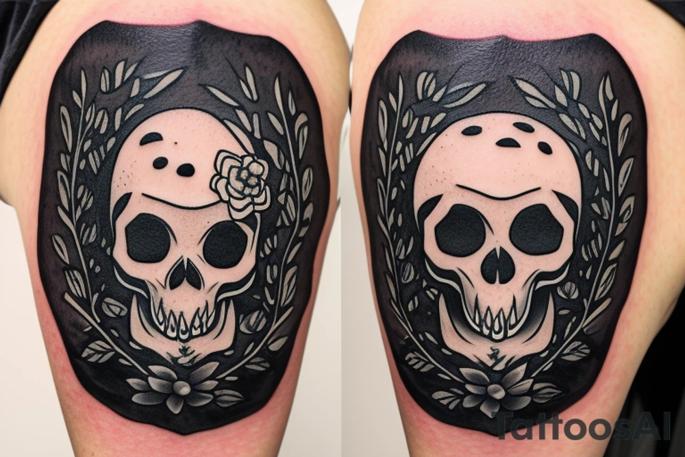 Fox skull shown decaying in a field of grass with flower growing through the eye tattoo idea