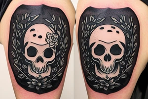 Fox skull shown decaying in a field of grass with flower growing through the eye tattoo idea