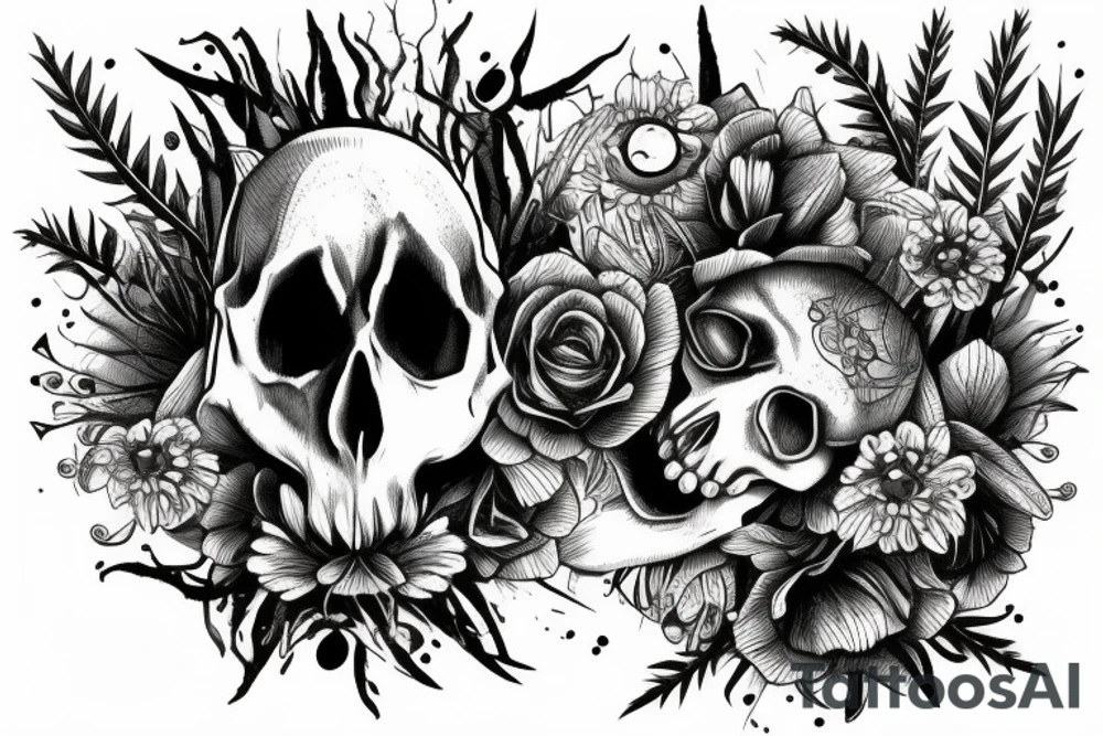 Fox skull shown decaying in a field of grass with flower growing through the eye tattoo idea