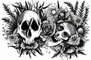 Fox skull shown decaying in a field of grass with flower growing through the eye tattoo idea