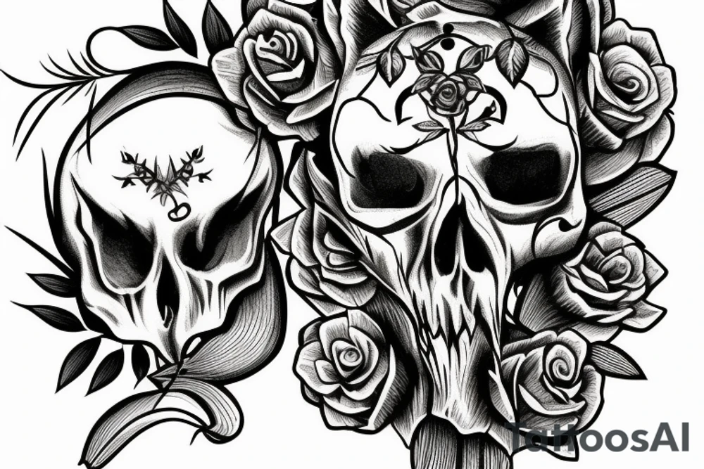 Fox skull shown decaying in a field of grass with flower growing through the eye tattoo idea