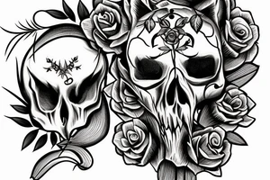 Fox skull shown decaying in a field of grass with flower growing through the eye tattoo idea