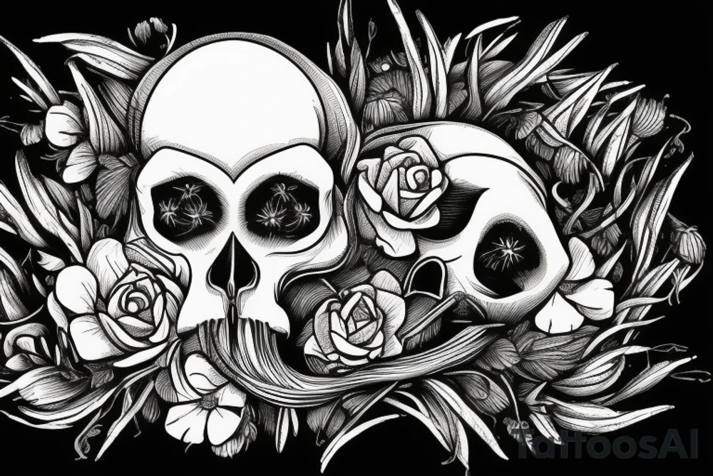 Fox skull shown decaying in a field of grass with flower growing through the eye tattoo idea