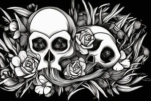 Fox skull shown decaying in a field of grass with flower growing through the eye tattoo idea