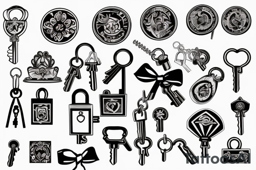 A gift box with a lock in the center and 3 hanging keys around the bow tattoo idea