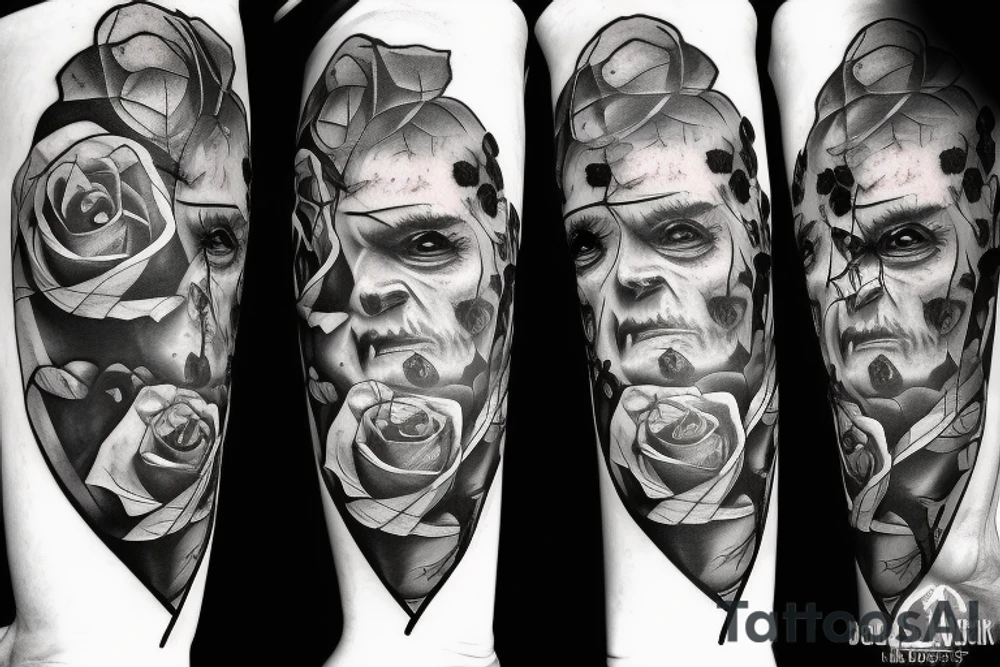 Frankenstein’s monster and roses with thorns and vines and hearts. tattoo idea