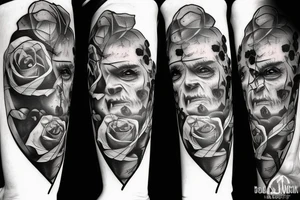 Frankenstein’s monster and roses with thorns and vines and hearts. tattoo idea