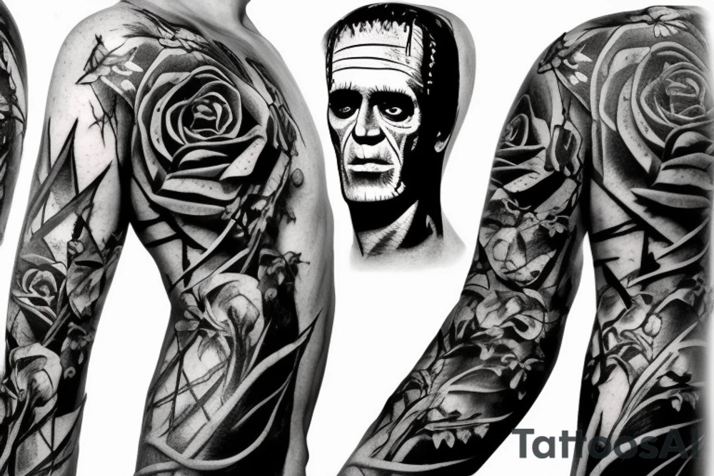 Frankenstein’s monster and roses with thorns and vines and hearts. tattoo idea