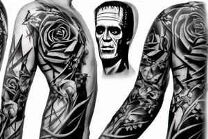 Frankenstein’s monster and roses with thorns and vines and hearts. tattoo idea