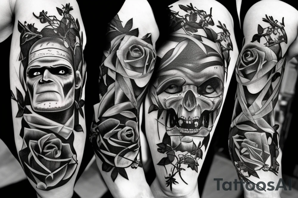 Frankenstein’s monster and roses with thorns and vines and hearts. tattoo idea