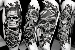 Frankenstein’s monster and roses with thorns and vines and hearts. tattoo idea