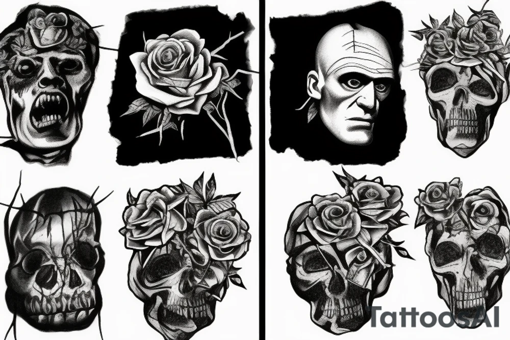 Frankenstein’s monster and roses with thorns and vines and hearts. tattoo idea