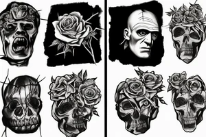 Frankenstein’s monster and roses with thorns and vines and hearts. tattoo idea