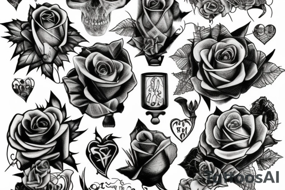 Frankenstein’s monster and roses with thorns and vines and hearts. tattoo idea
