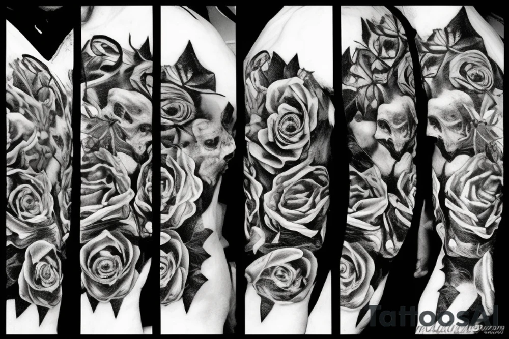 Frankenstein’s monster and roses with thorns and vines and hearts. tattoo idea