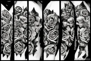 Frankenstein’s monster and roses with thorns and vines and hearts. tattoo idea