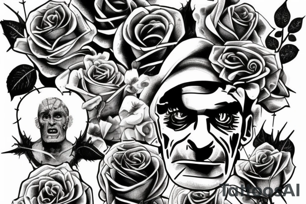 Frankenstein’s monster and roses with thorns and vines and hearts. tattoo idea