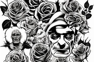 Frankenstein’s monster and roses with thorns and vines and hearts. tattoo idea
