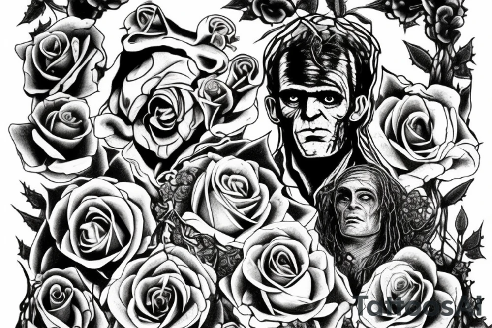 Frankenstein’s monster and roses with thorns and vines and hearts. tattoo idea