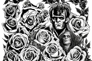 Frankenstein’s monster and roses with thorns and vines and hearts. tattoo idea
