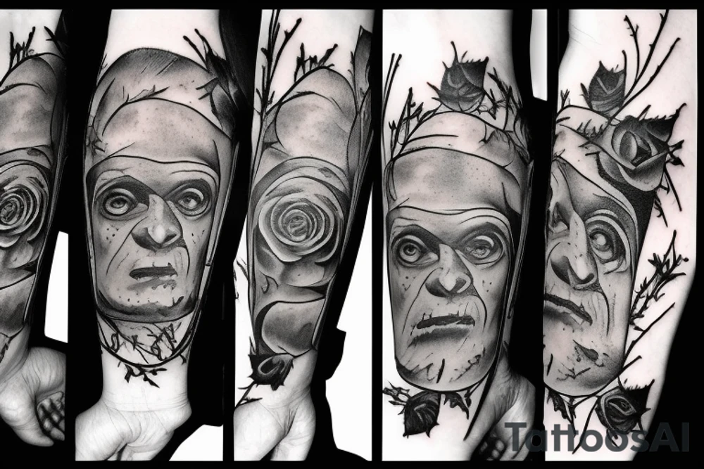 Frankenstein’s monster and roses with thorns and vines and hearts. tattoo idea