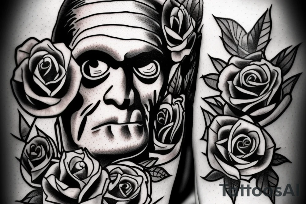 Frankenstein’s monster and roses with thorns and vines and hearts. tattoo idea
