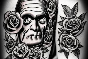 Frankenstein’s monster and roses with thorns and vines and hearts. tattoo idea