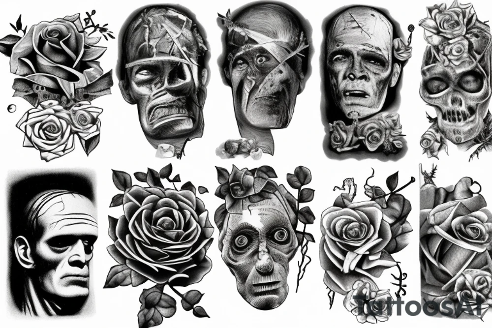 Frankenstein’s monster and roses with thorns and vines and hearts. tattoo idea